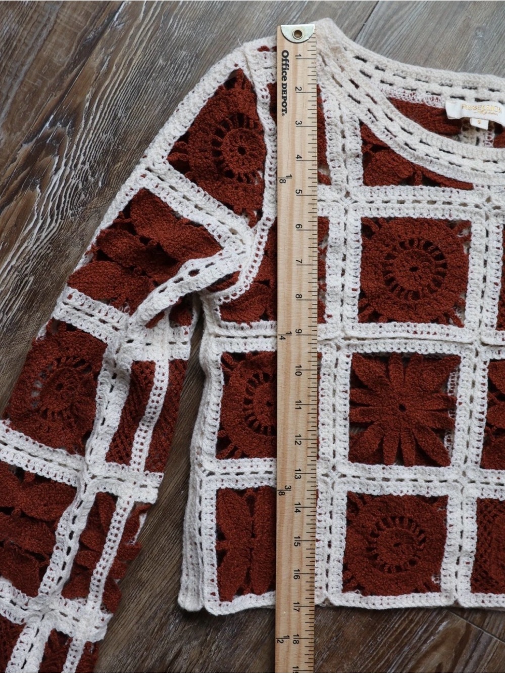 Cropped Crochet Floral Granny Square Sweater Top Hippie Boho Rust Ivory Size S - Picture 13 of 13